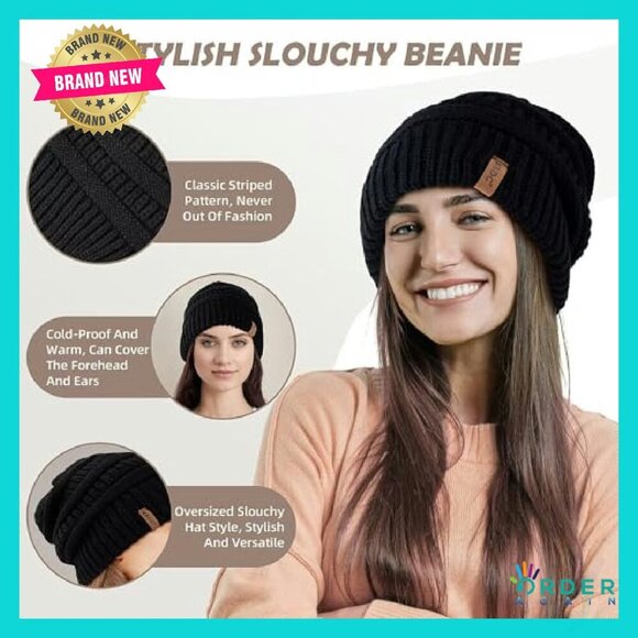 Satin Lined Slouchy Beanie Set Classic Oversized Winter Hat Chic - Picture 6 of 8